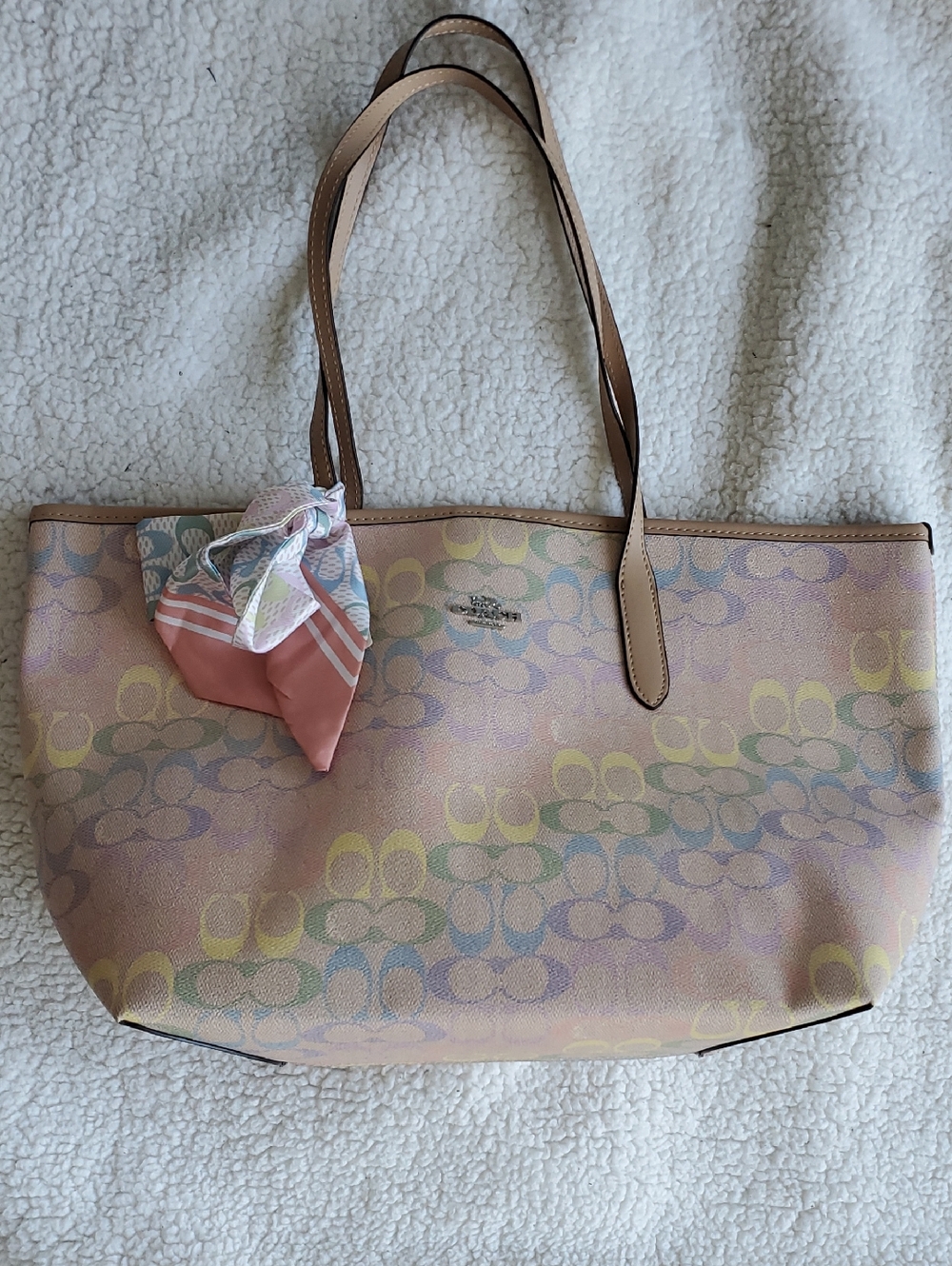 Coach Pastel Pink Signature Canvas Tote with Scarf Accent - Picture 3 of 16